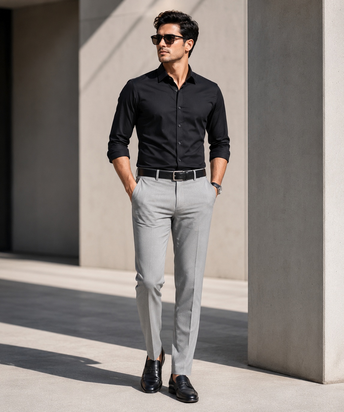 Male model wearing premium trousers
